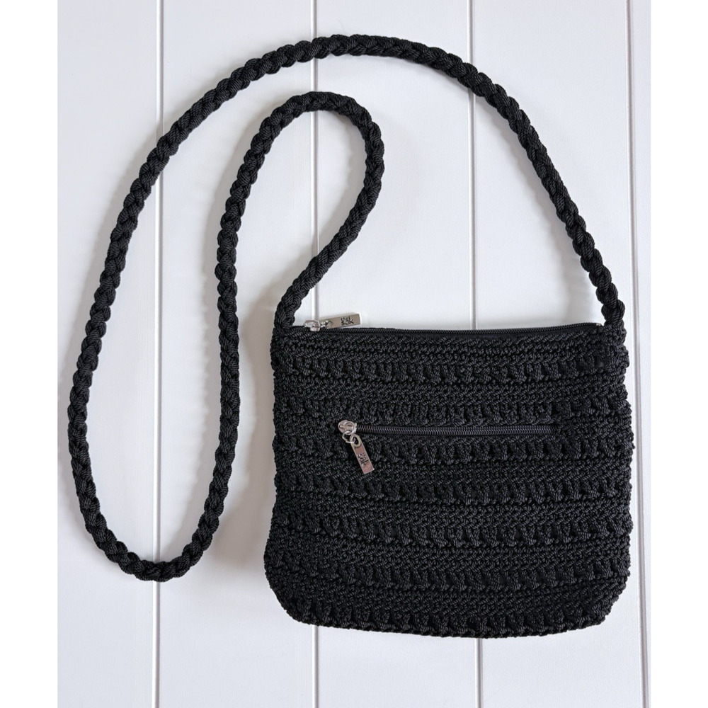 THE SAK Black Crochet Crossbody Bag Braided Woven Purse Boho Festival Bag 8"x9"